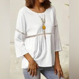 Women's White Lace-Trim Tunic Top with 3/4  Sleeves.Color:  White, Size:  2XL